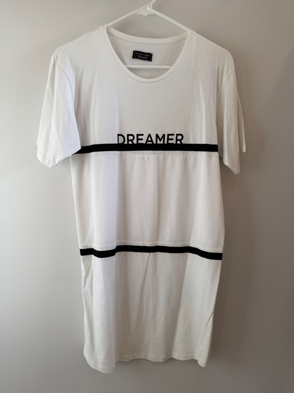 Zara Man White Crewneck Tee with Black Line